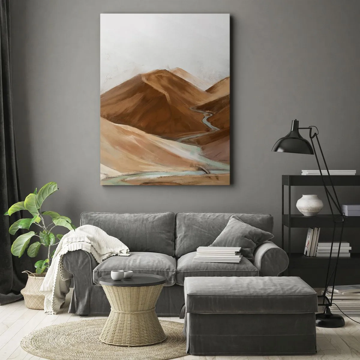 Obraz na płótnie - Piaszczyste wzgórza z wijącą się rzeką w ciepłych, ziemistych tonach - 50x70cm - Do źródła - Nowoczesna dekoracja ścienna do salonu, kuchni i sypialni ARTTOR