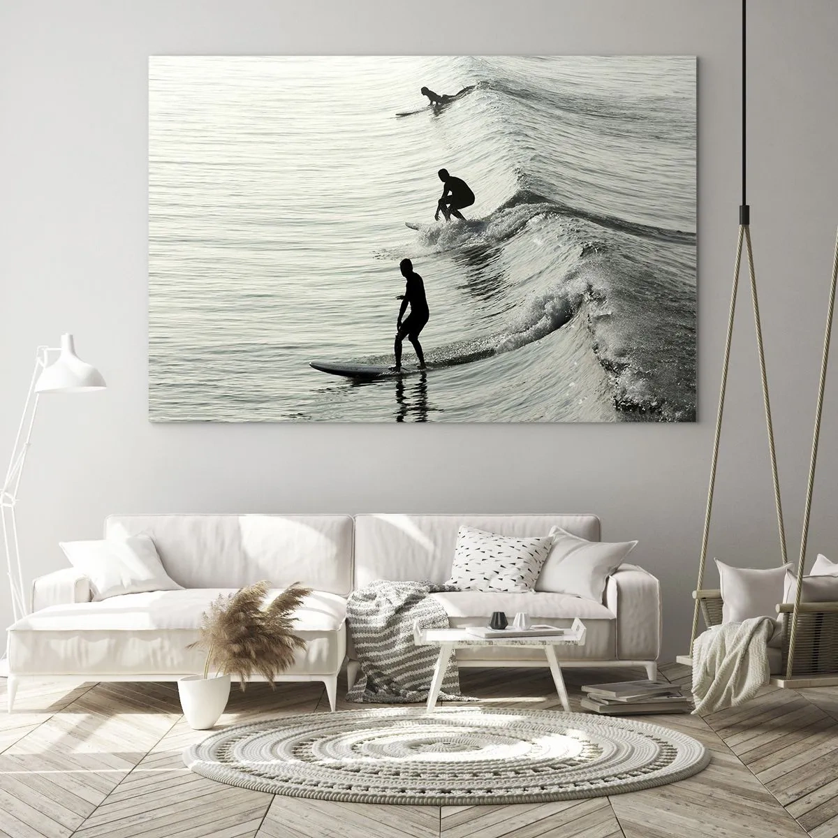 Obraz na szkle - Trzech surferów płynących na falach o poranku - 70x50cm - Na spotkanie fali - Nowoczesna dekoracja ścienna do salonu i sypialni ARTTOR