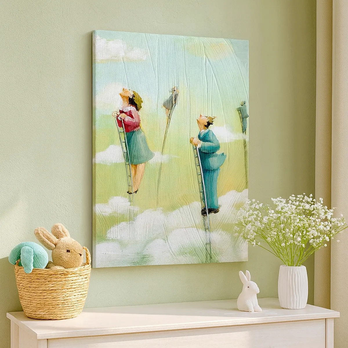 Obraz na płótnie - Postacie na drabinach wśród chmur w surrealistycznym stylu - 50x70cm - Za swoim marzeniem - Nowoczesna dekoracja ścienna do salonu, kuchni i sypialni ARTTOR