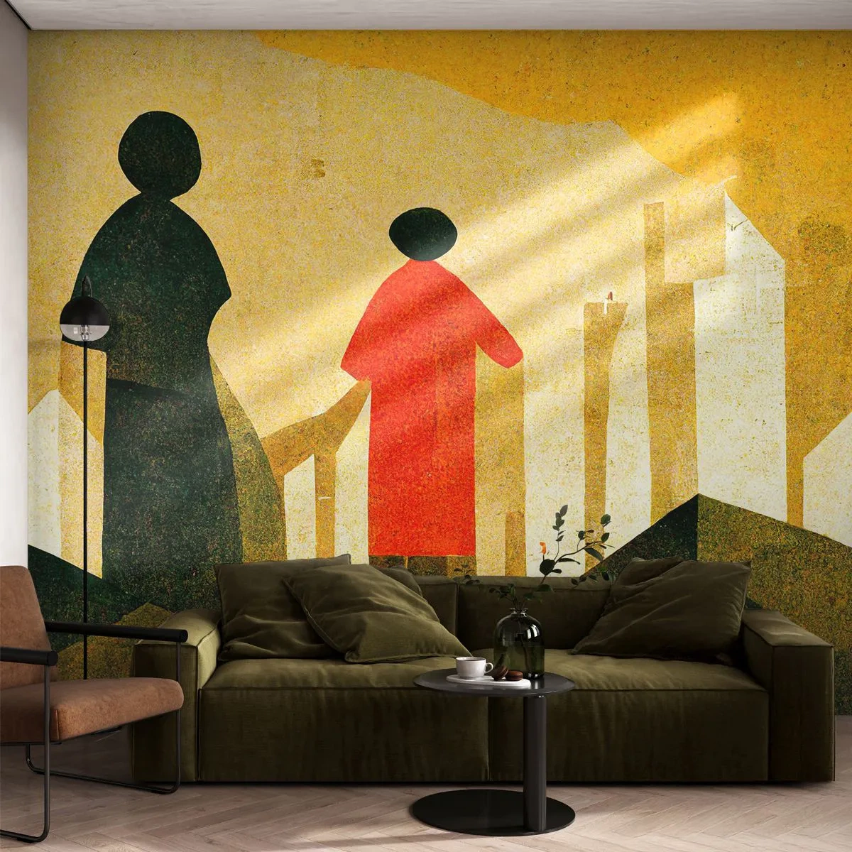 Fototapeta Premium Sand - Geometryczne postacie na tle żółtych wzgórz i kolumn - 100x70cm - Jeszcze daleka droga - Nowoczesna dekoracja ścienna do salonu, kuchni i sypialni ARTTOR