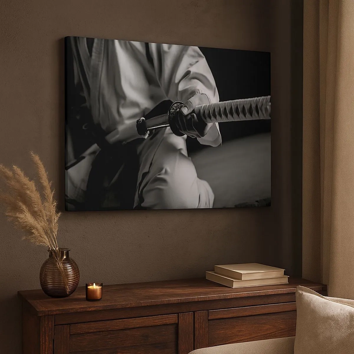 Obraz na płótnie - Samuraj w kimono trzymający katanę w czarno-białej tonacji - 70x50cm - Dusza wojownika - Nowoczesna dekoracja ścienna do salonu i sypialni ARTTOR