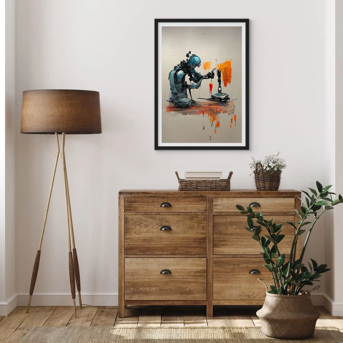 Plakat w czarnej ramie - Cybernetyczny robot w akcie tworzenia sztuki - 50x70cm - Już jutro… - Nowoczesna dekoracja ścienna do salonu i sypialni ARTTOR