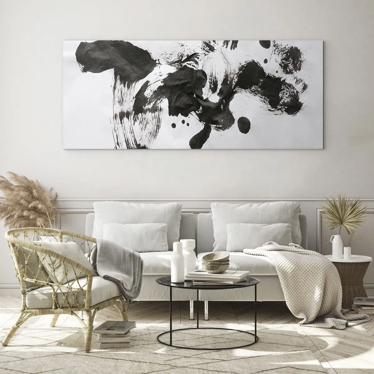 Obraz na szkle - Abstrakcyjna kompozycja czarnych plam na białym tle - 140x50cm - W szaleństwie metoda? - Nowoczesna dekoracja ścienna do salonu i sypialni ARTTOR
