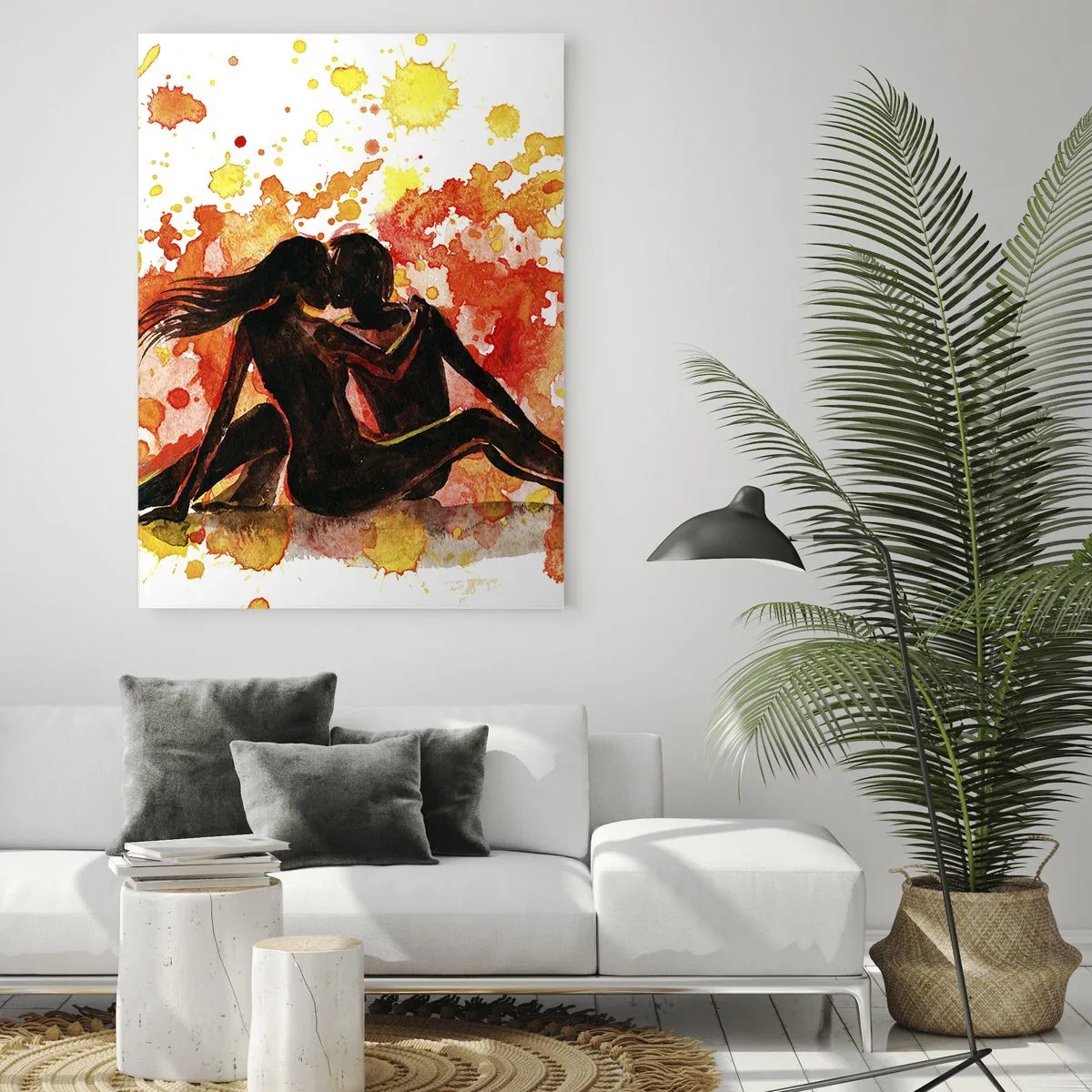 Obraz na szkle - Romantyczna akwarela dwojga osób w ciepłych barwach - 70x100cm - I stała się światłość - Nowoczesna dekoracja ścienna do salonu i sypialni ARTTOR
