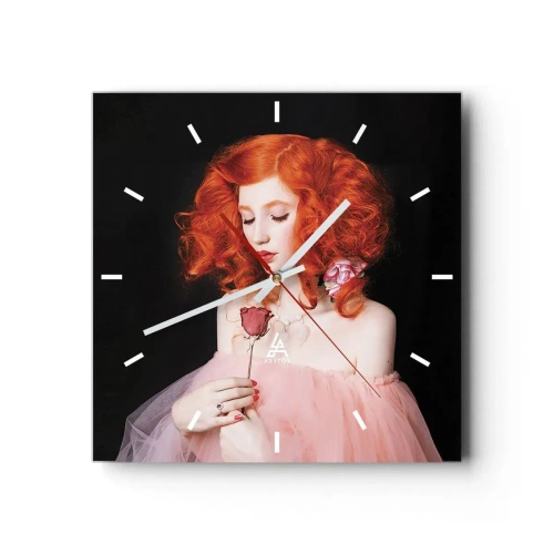 Zegar ścienny - Kobieta z rudymi włosami trzymająca różę - 30x30cm - W barokowym stylu - Nowoczesna dekoracja ścienna do salonu i sypialni ARTTOR
