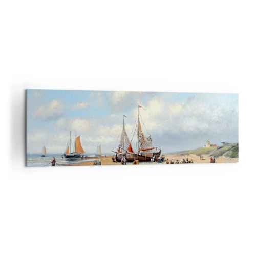 Obraz na płótnie - Rybackie łodzie na plaży z postaciami ludzi - 160x50cm - Po udanym połowie - Nowoczesna dekoracja ścienna do salonu i sypialni ARTTOR