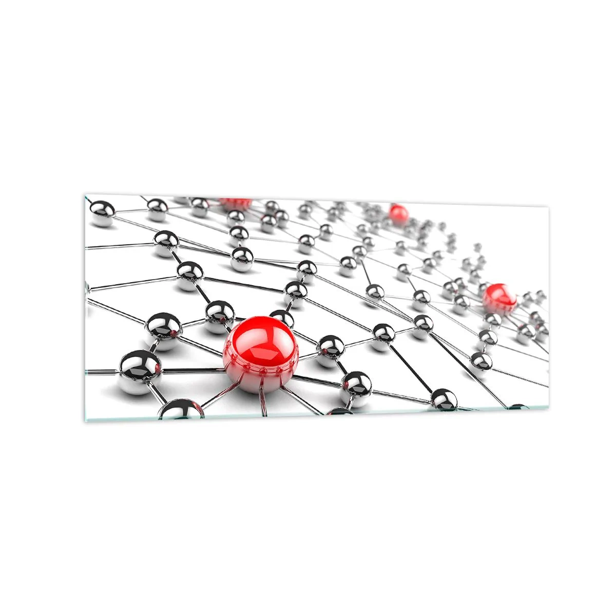 Obraz na szkle - Sieć metalicznych kulek z czerwonymi akcentami - 120x50cm - Srebrzysta sieć - Nowoczesna dekoracja ścienna do salonu i sypialni ARTTOR