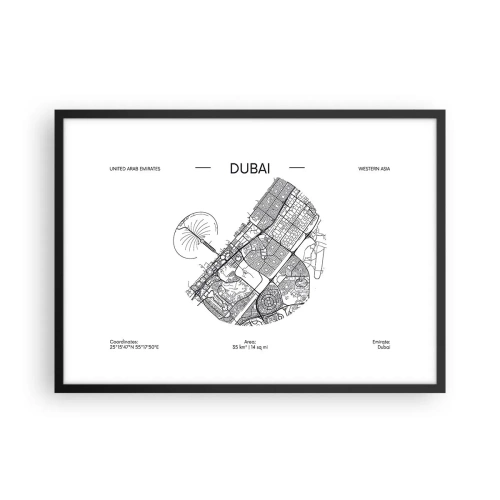 Plakat w czarnej ramie - Minimalistyczna mapa Dubaju w czarno-białej kolorystyce z oznaczeniami lokalizacji - 70x50cm - Anatomia Dubaju - Nowoczesna dekoracja ścienna do salonu i sypialni ARTTOR