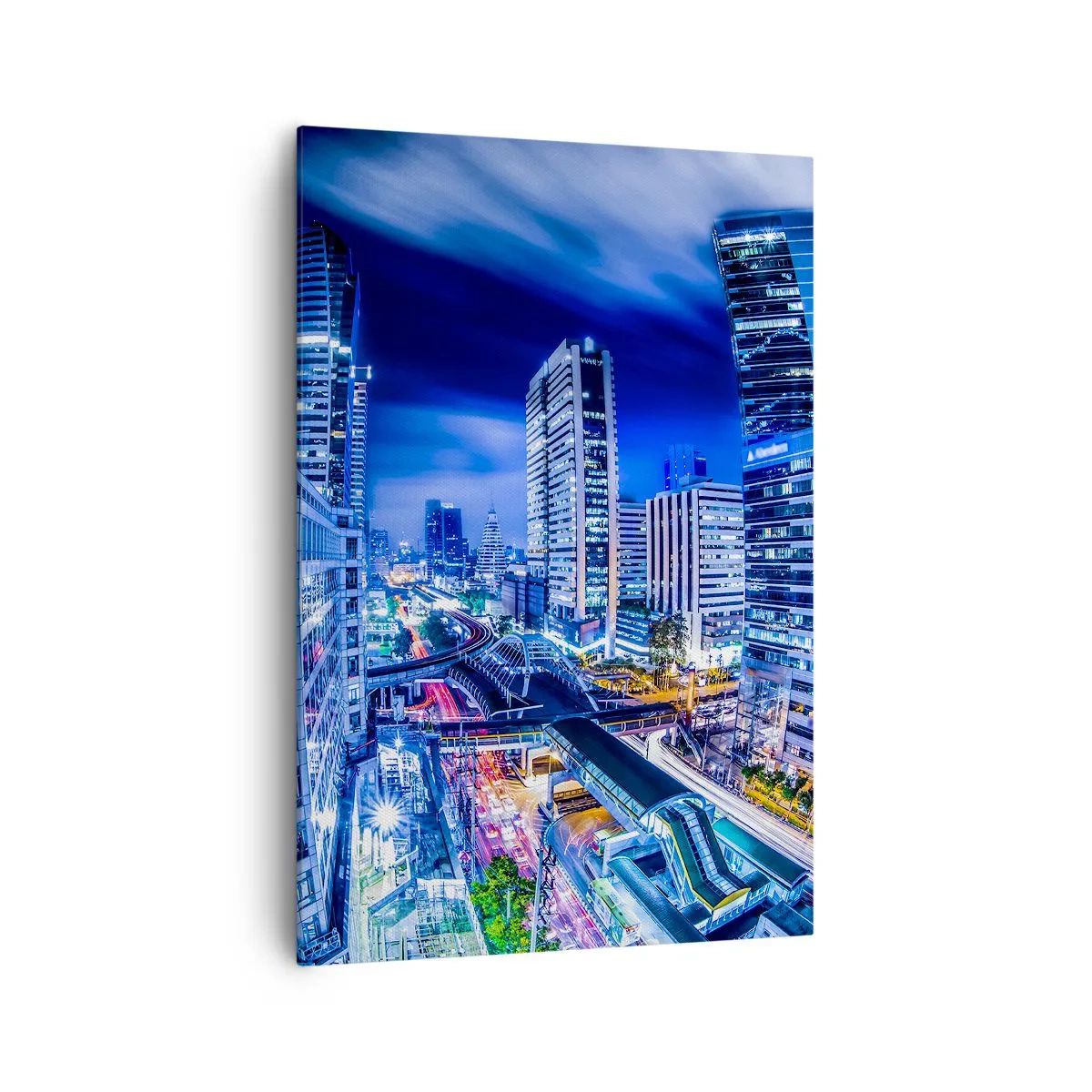 Obraz na płótnie - Nocna panorama miasta z drapaczami chmur i światłami ulic - 70x100cm - Rytmy nocnego miasta - Nowoczesna dekoracja ścienna do salonu i sypialni ARTTOR