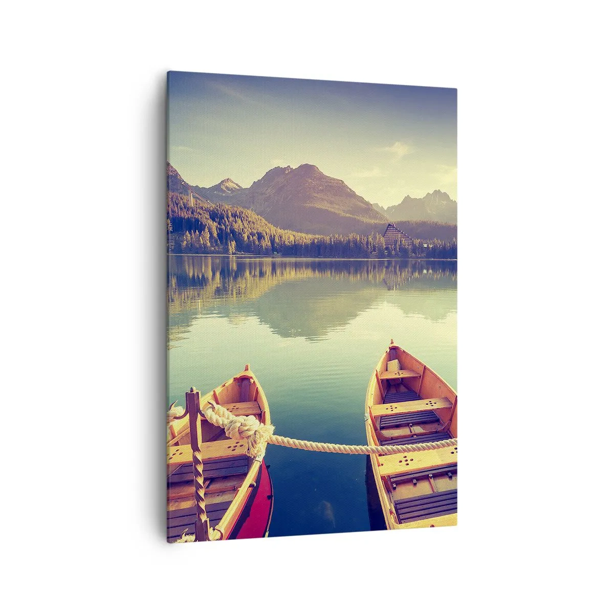 Obraz na płótnie - Łódki na spokojnym jeziorze otoczonym górami o zachodzie słońca - 70x100cm - Żyć według jej praw - Nowoczesna dekoracja ścienna do salonu i sypialni ARTTOR