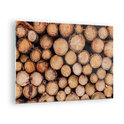 Obraz na szkle - Ułożone pionowo pnie drzew z widocznymi słojami - 70x50cm - Nowy początek - Nowoczesna dekoracja ścienna do salonu i sypialni ARTTOR