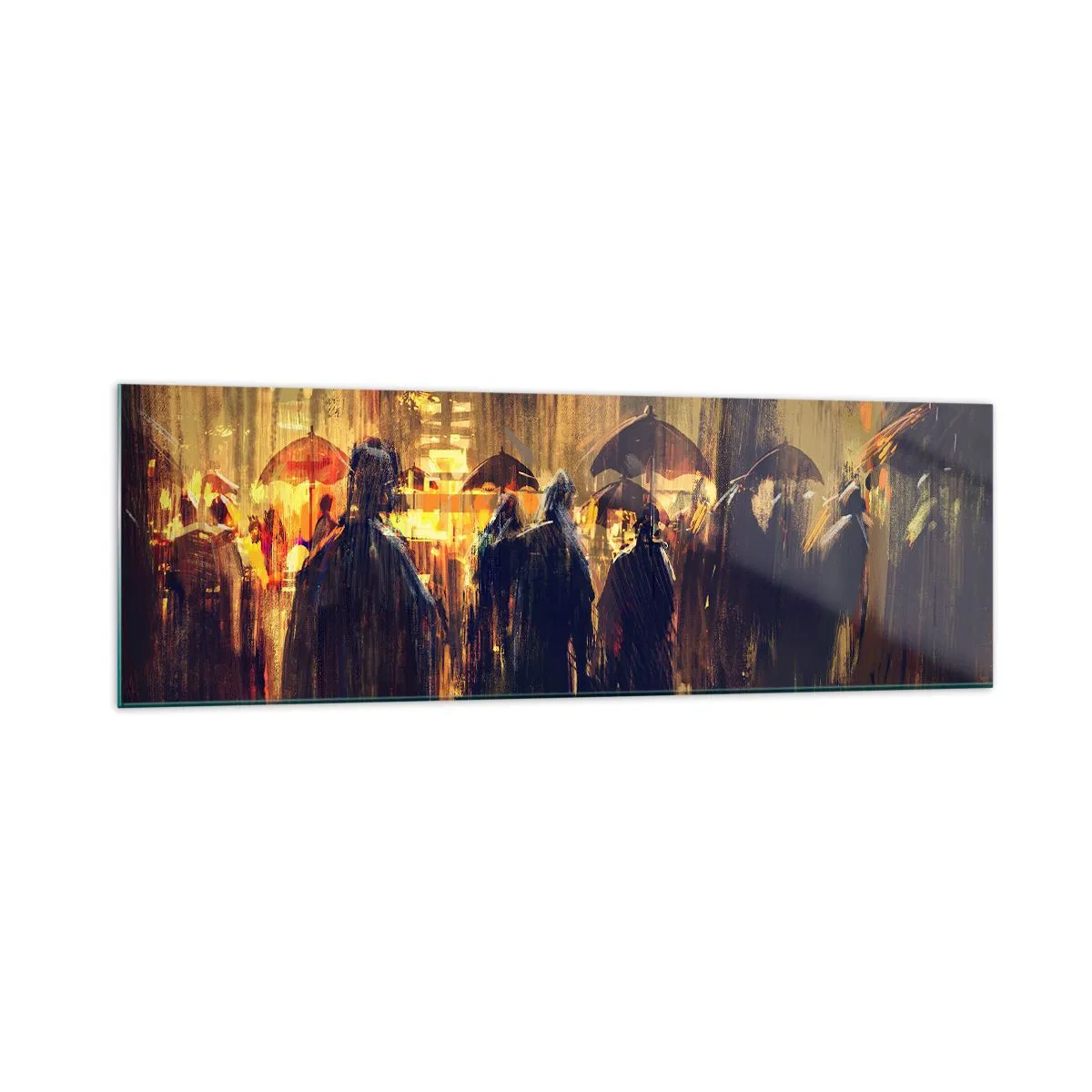 Obraz na szkle - Postacie z parasolami w deszczowym mieście nocą - 160x50cm - Wyznawcy deszczu - Nowoczesna dekoracja ścienna do salonu i sypialni ARTTOR