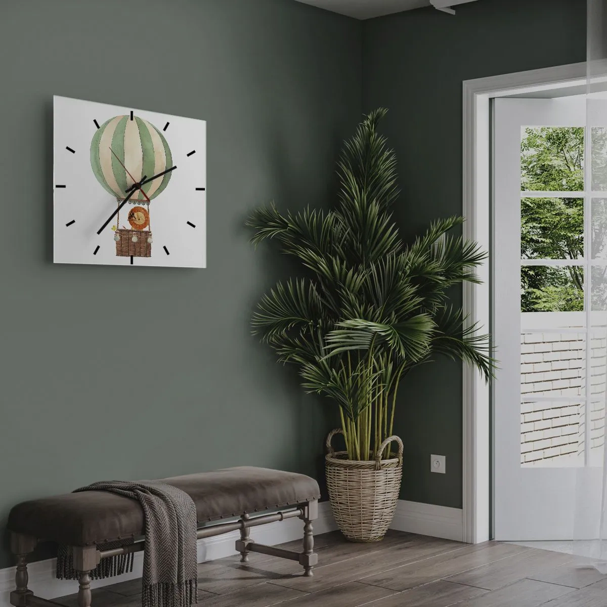 Zegar ścienny - Balon z uśmiechniętym lwem w koszu w pastelowych barwach - 30x30cm - Podróże Leona - Nowoczesna dekoracja ścienna do salonu i sypialni ARTTOR