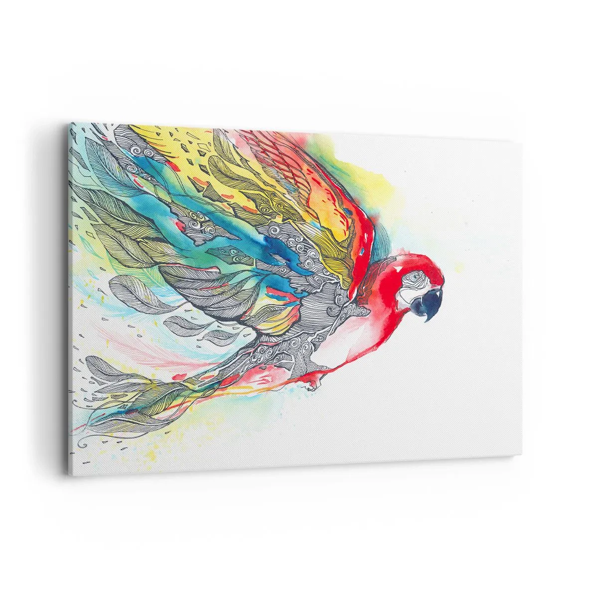 Obraz na płótnie - Kolorowa papuga w locie z abstrakcyjnymi wzorami na skrzydłach - 120x80cm - Żyj kolorowo - Nowoczesna dekoracja ścienna do salonu, kuchni i sypialni ARTTOR