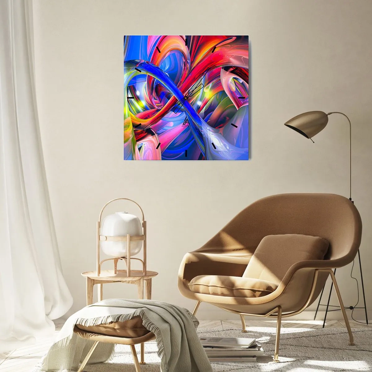 Zegar ścienny - Abstrakcyjne, kolorowe kompozycje geometryczne w dynamicznych kształtach - 30x30cm - Taniec barw - Nowoczesna dekoracja ścienna do salonu i sypialni ARTTOR