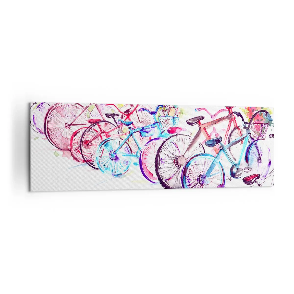 Obraz na płótnie - Kolorowe rowery w artystycznym stylu akwarelowym - 160x50cm - Zjazd klubu Antymoto - Nowoczesna dekoracja ścienna do salonu i sypialni ARTTOR
