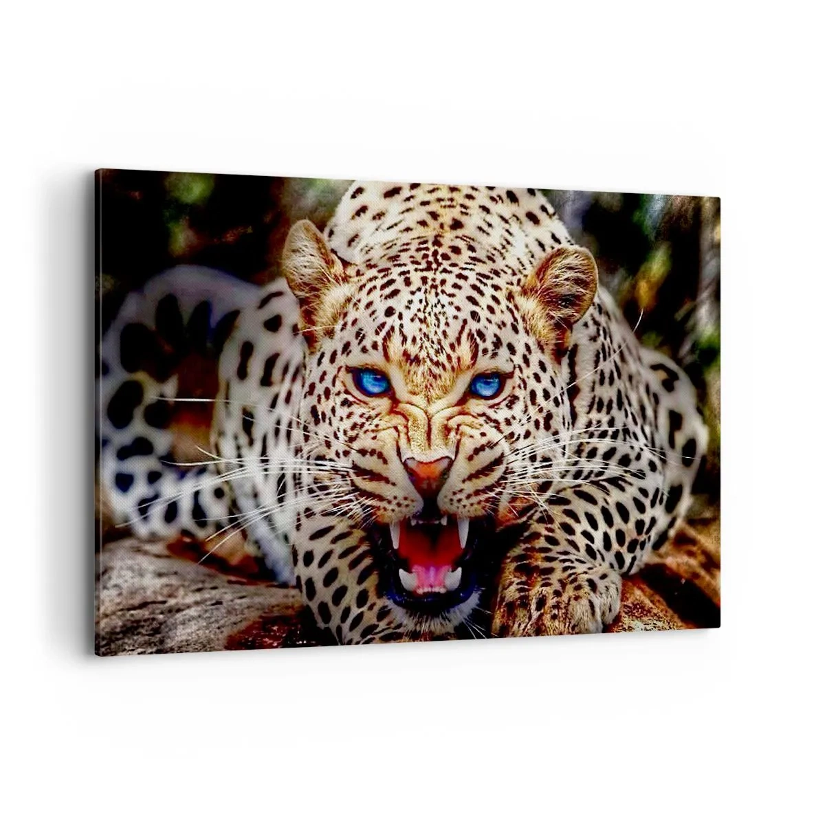Obraz na płótnie - Groźny leopard z intensywnie błękitnymi oczami - 120x80cm - Złość piękności nie szkodzi - Nowoczesna dekoracja ścienna do salonu, kuchni i sypialni ARTTOR