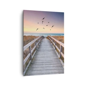 Obraz na płótnie - Drewniany pomost prowadzący na plażę o zachodzie słońca - 70x100cm - Przestrzeń wzlotów - Nowoczesna dekoracja ścienna do salonu i sypialni ARTTOR