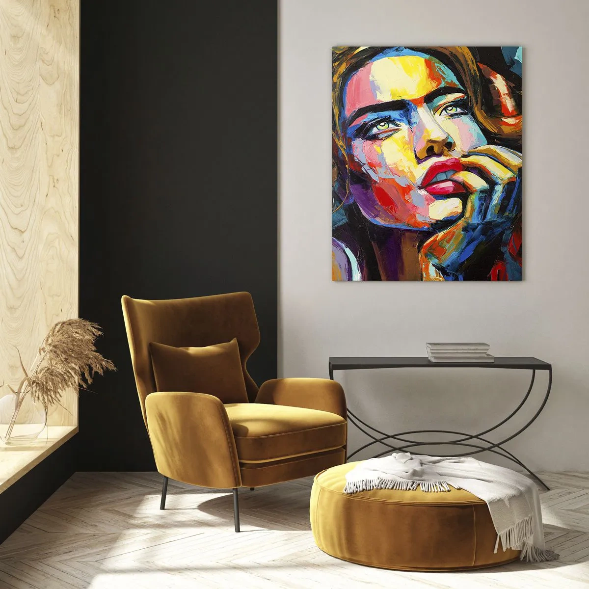Obraz na szkle - Portret kobiety w intensywnych kolorach abstrakcji - 50x70cm - Marzenia jak ptaki szybują po niebie - Nowoczesna dekoracja ścienna do salonu, kuchni i sypialni ARTTOR