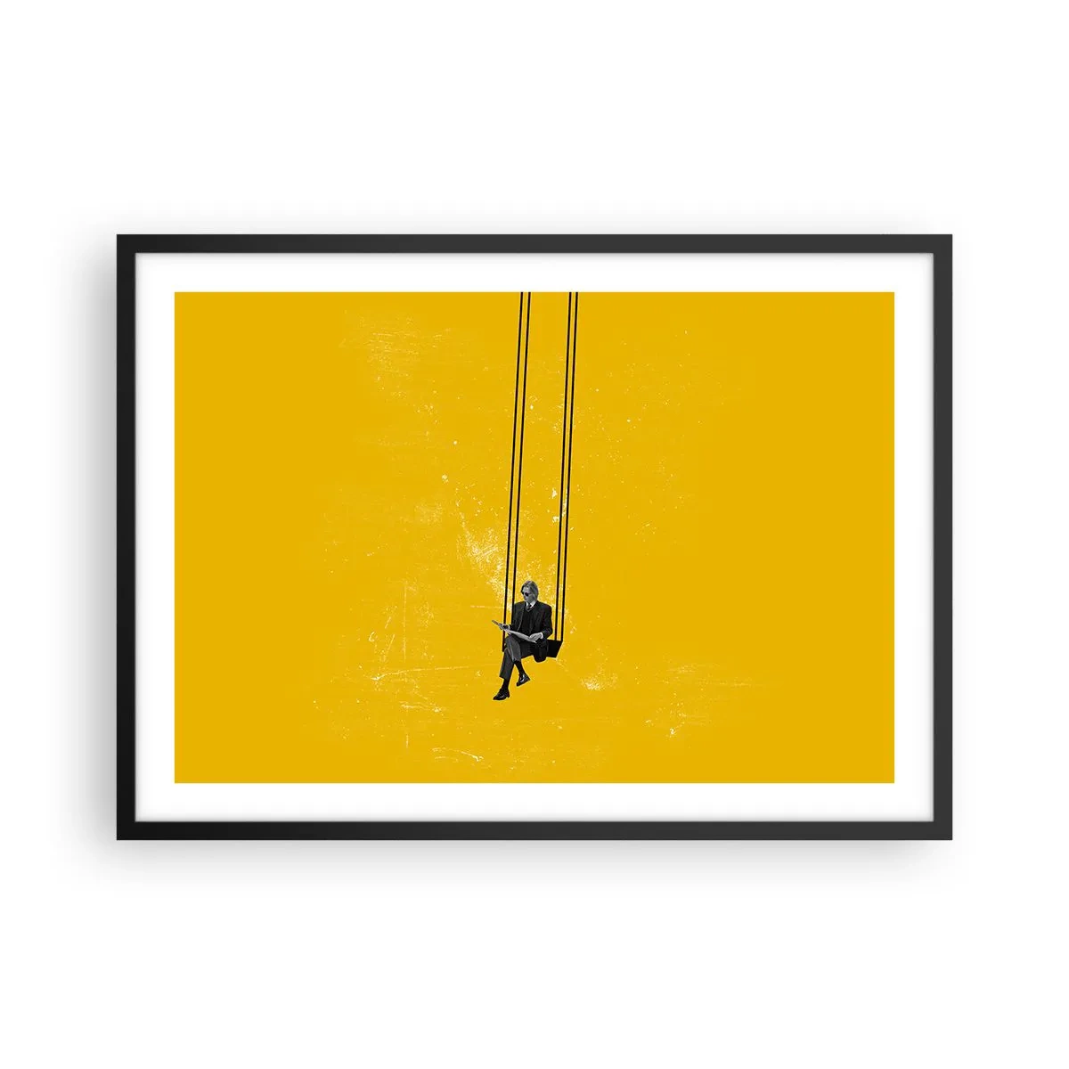 Plakat w czarnej ramie - Osoba na huśtawce na tle intensywnej żółci - 70x50cm - Dzień jak co dzień - Nowoczesna dekoracja ścienna do salonu i sypialni ARTTOR