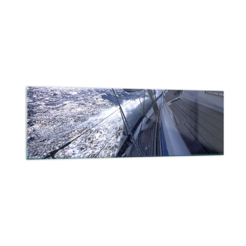 Obraz na szkle - Żaglówka na wzburzonym morzu z białymi żaglami i drewnianym pokładem. - 160x50cm - Wiem, co to być ptakiem - Nowoczesna dekoracja ścienna do salonu i sypialni ARTTOR