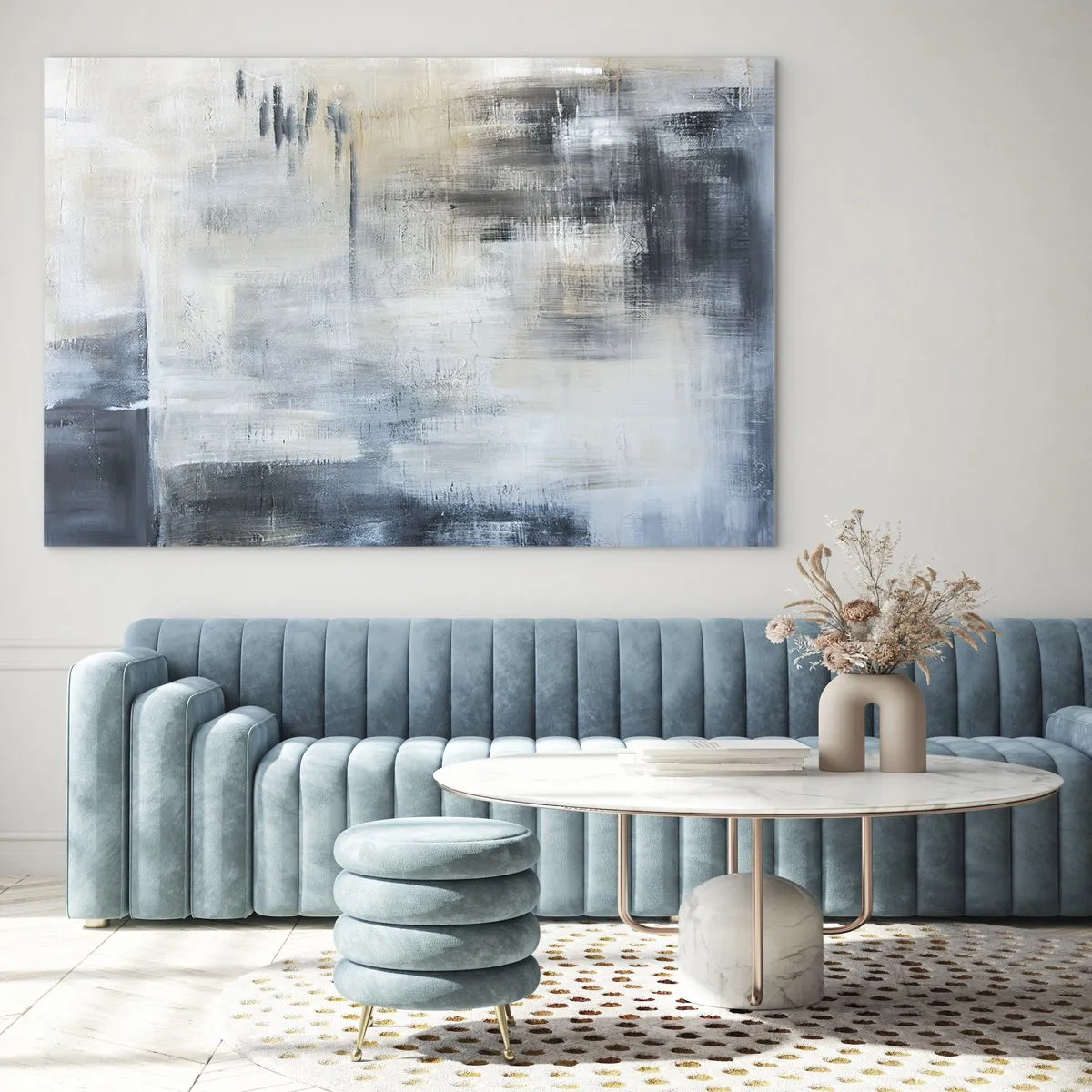 Obraz na szkle - Abstrakcyjna kompozycja w odcieniach błękitu i szarości - 70x50cm - Za zasłoną błękitu - Nowoczesna dekoracja ścienna do salonu i sypialni ARTTOR