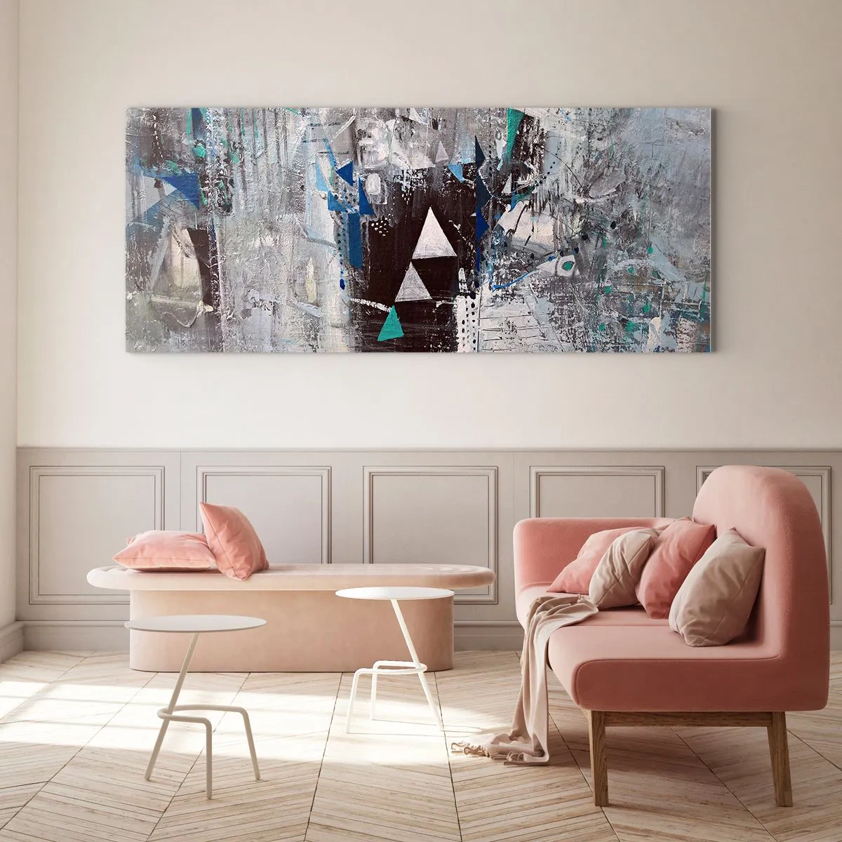 Obraz na szkle - Abstrakcyjna kompozycja z trójkątami i geometrycznymi wzorami - 160x50cm - Nadrzędny porządek trójkątów - Nowoczesna dekoracja ścienna do salonu i sypialni ARTTOR