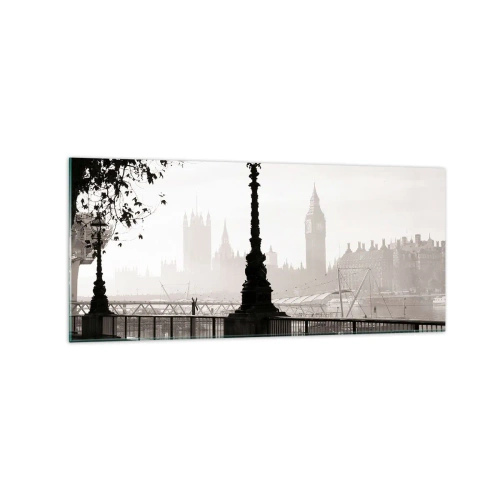 Obraz na szkle - Monochromatyczny widok na Big Ben i Tamizę - 120x50cm - Londyński poranek - Nowoczesna dekoracja ścienna do salonu i sypialni ARTTOR