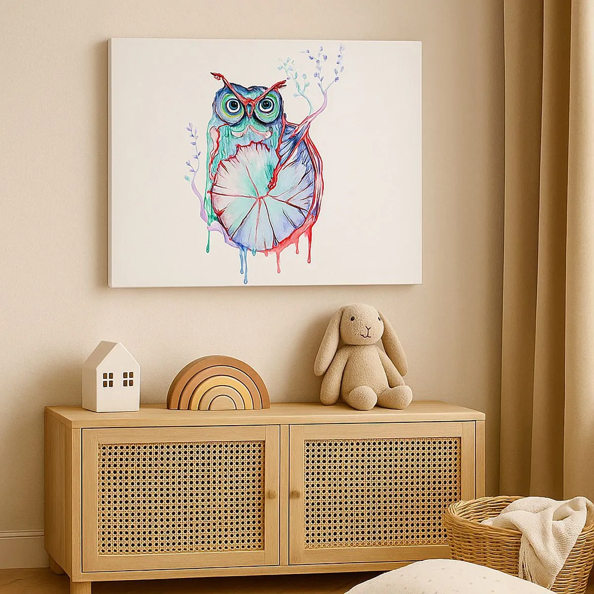 Obraz na płótnie - Kolorowa akwarela sowy w artystycznym stylu - 70x50cm - Mądra z natury - Nowoczesna dekoracja ścienna do salonu i sypialni ARTTOR