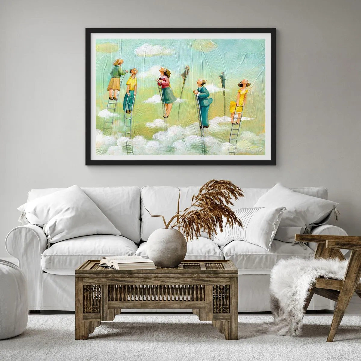 Plakat w czarnej ramie - Postacie wspinające się po drabinach wśród chmur na pastelowym tle - 70x50cm - Za swoim marzeniem - Nowoczesna dekoracja ścienna do salonu i sypialni ARTTOR