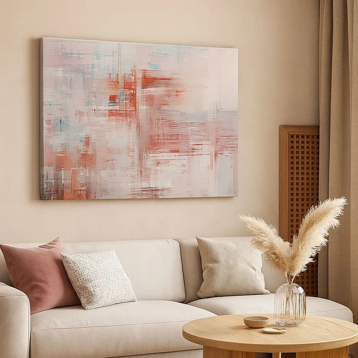 Obraz na płótnie - Abstrakcyjna kompozycja z odcieniami czerwieni i pastelowych barw - 70x50cm - Zamglone. Ale różowe - Nowoczesna dekoracja ścienna do salonu i sypialni ARTTOR