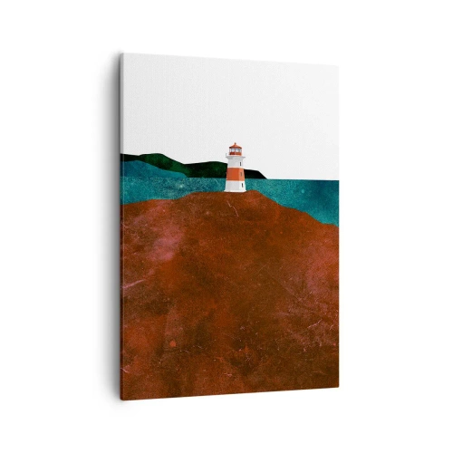 Obraz na płótnie - Minimalistyczny obraz latarni morskiej na tle morza i wzgórz w abstrakcyjnej formie - 50x70cm - Wpatrzona w morze - Nowoczesna dekoracja ścienna do salonu, kuchni i sypialni ARTTOR