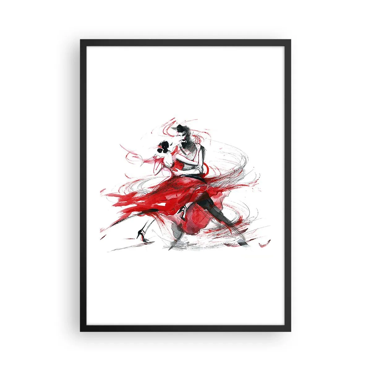Plakat w czarnej ramie - Para tańcząca tango w dynamicznym, czerwonym akcentach - 50x70cm - Tango - rytm namiętności - Nowoczesna dekoracja ścienna do salonu i sypialni ARTTOR