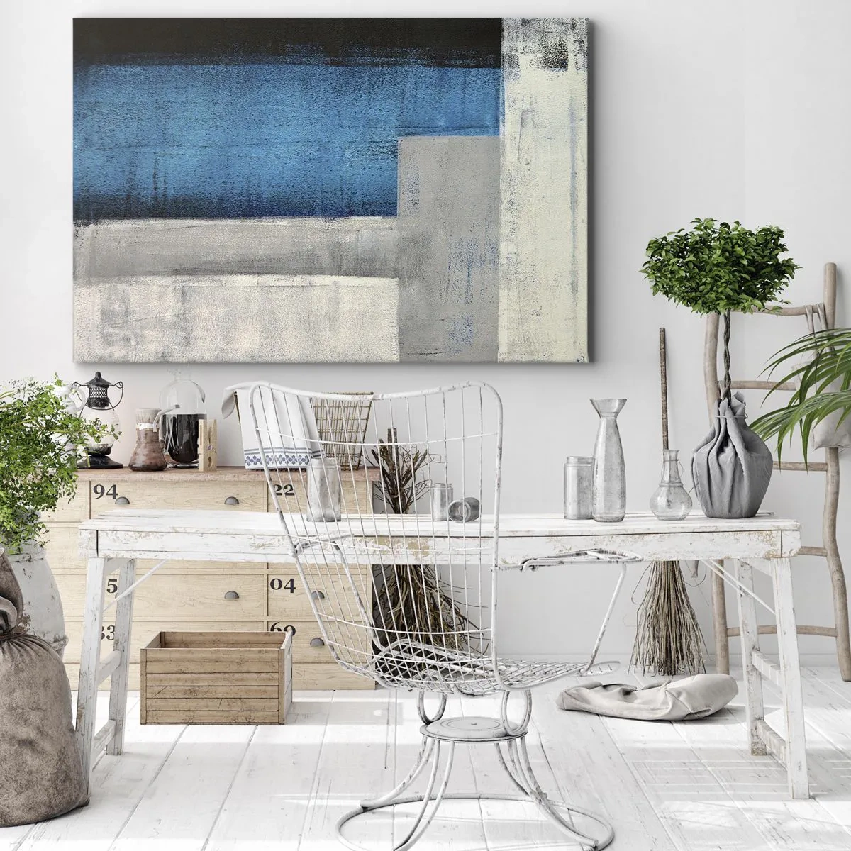 Obraz na płótnie - Abstrakcyjna kompozycja z odcieniami błękitu, szarości i bieli - 70x50cm - Kompozycja poetycka szarości i błękitu - Nowoczesna dekoracja ścienna do salonu i sypialni ARTTOR