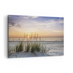 Obraz na płótnie - Piaszczysta plaża o zachodzie słońca z trawami w tle - 100x70cm - Popatrz, pomyśl, poczuj - Nowoczesna dekoracja ścienna do salonu, kuchni i sypialni ARTTOR