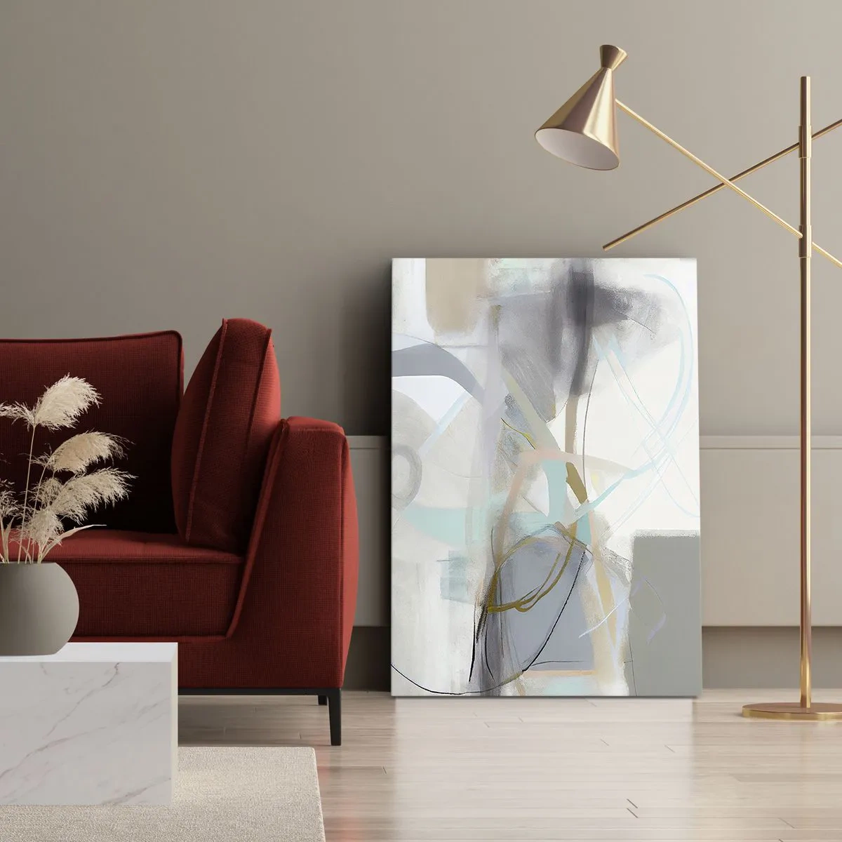Obraz na płótnie - Delikatna abstrakcja w odcieniach szarości, beżu i błękitu - 50x70cm - Abstrakcja zamglona - Nowoczesna dekoracja ścienna do salonu, kuchni i sypialni ARTTOR