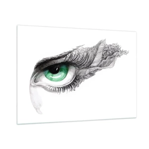 Obraz na szkle - Zielone oko z detalami piór i abstrakcyjnymi wzorami - 100x70cm - Piękna i gotowa do ataku - Nowoczesna dekoracja ścienna do salonu, kuchni i sypialni ARTTOR