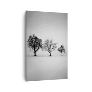 Obraz na płótnie - Trzy drzewa na zaśnieżonym polu w monochromatycznym stylu - 80x120cm - O czym śnią? - Nowoczesna dekoracja ścienna do salonu i sypialni ARTTOR
