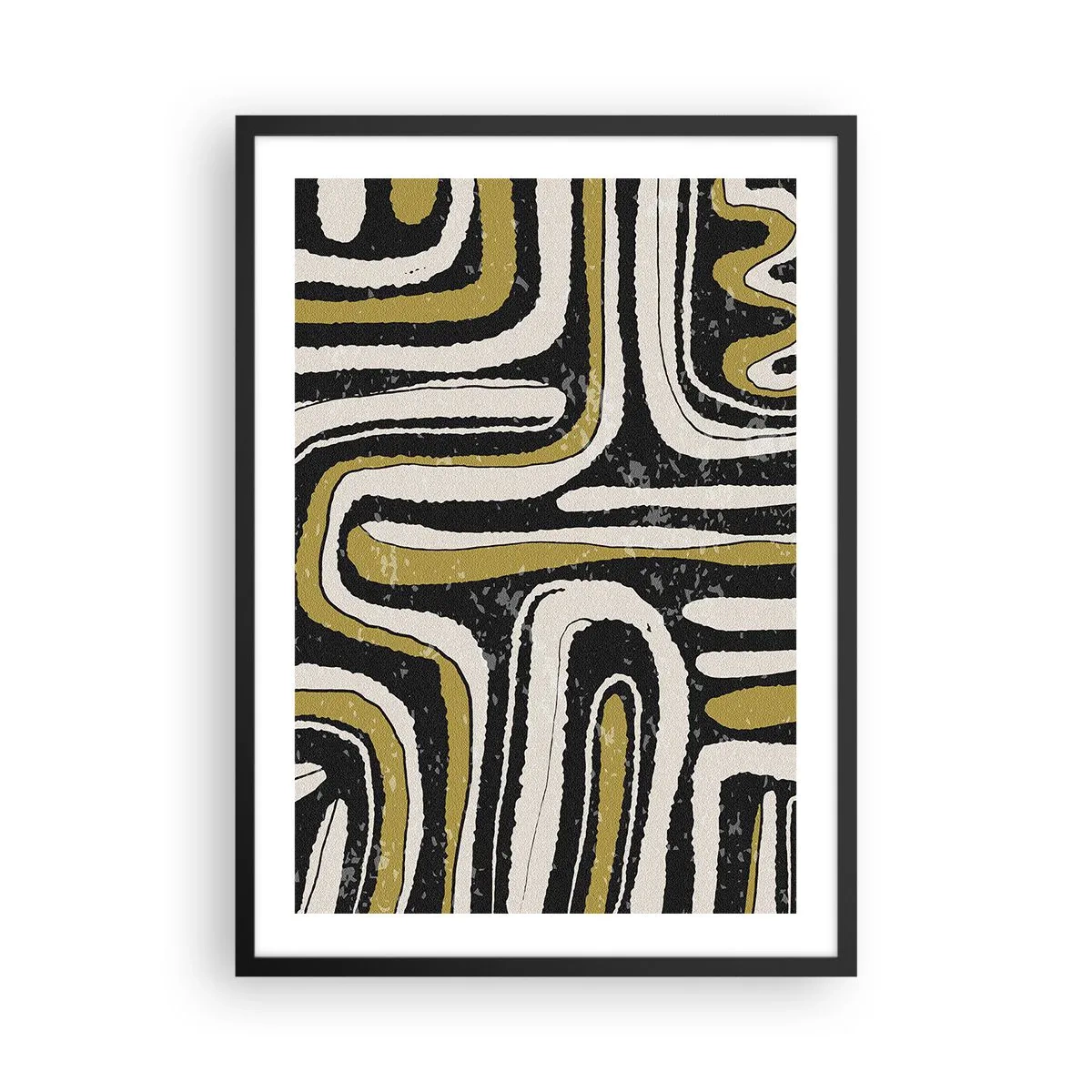 Plakat w czarnej ramie - Geometryczna abstrakcja w czerni, beżu i złocie - 50x70cm - Kompozycja: trakty i zaułki - Nowoczesna dekoracja ścienna do salonu i sypialni ARTTOR