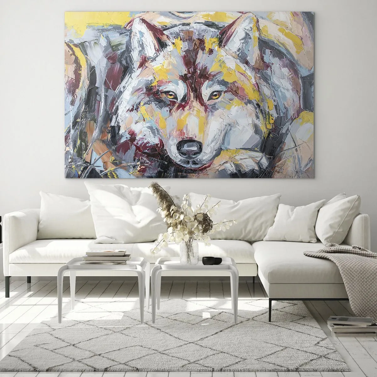 Obraz na szkle - Kolorowy portret wilka w stylu ekspresjonistycznym - 70x50cm - Spokój wśród bliskich - Nowoczesna dekoracja ścienna do salonu i sypialni ARTTOR