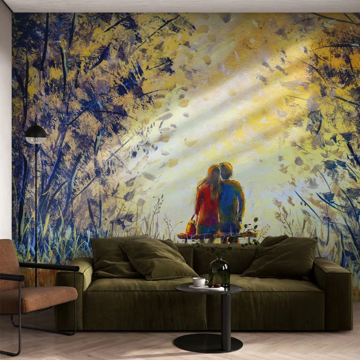 Fototapeta Premium Sand - Romantyczna scena pary na ławce w świetle zachodzącego słońca - 100x70cm - Magiczna chwila - Nowoczesna dekoracja ścienna do salonu, kuchni i sypialni ARTTOR