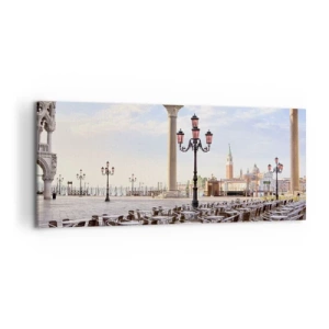 Obraz na płótnie - Wenecja, widok na plac z kolumnami i ustawionymi stolikami kawiarni - 120x50cm - Zapraszamy, wszystko gotowe - Nowoczesna dekoracja ścienna do salonu i sypialni ARTTOR