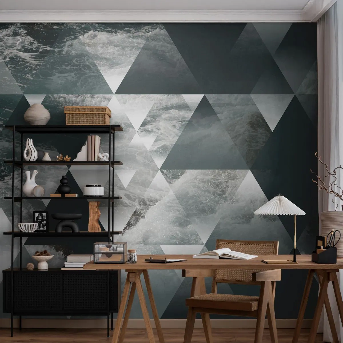 Fototapeta Premium Sand - Geometryczne trójkąty i fale oceanu - 100x70cm - Kryształowa perspektywa - Nowoczesna dekoracja ścienna do salonu, kuchni i sypialni ARTTOR