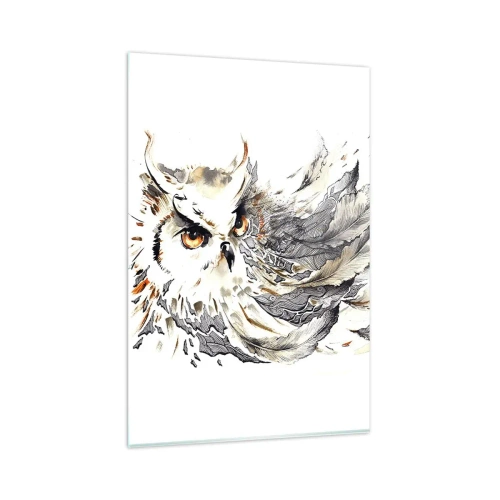 Obraz na szkle - Sowa z mistycznymi piórami w artystycznej formie akwareli - 80x120cm - Przybyła ze świata magii - Nowoczesna dekoracja ścienna do salonu i sypialni ARTTOR