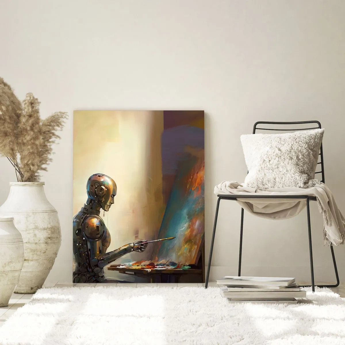 Obraz na szkle - Robot malujący na płótnie w artystycznym stylu - 80x120cm - Sztuka przyszłości - Nowoczesna dekoracja ścienna do salonu i sypialni ARTTOR