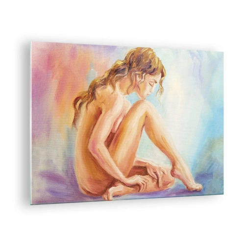 Obraz na szkle - Kobieta w subtelnej refleksji na tle pastelowych barw - 70x50cm - Akt młodości - Nowoczesna dekoracja ścienna do salonu i sypialni ARTTOR