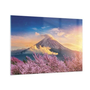 Obraz na szkle - Wulkan Fuji w tle z kwitnącymi drzewami sakury na pierwszym planie - 100x70cm - Japońska świętość - Nowoczesna dekoracja ścienna do salonu, kuchni i sypialni ARTTOR
