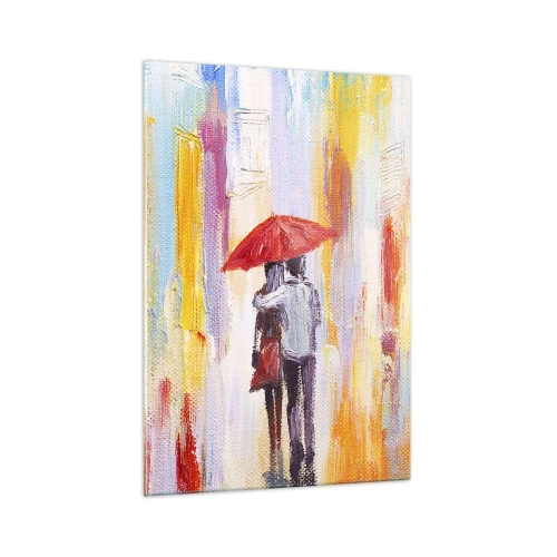 Obraz na szkle - Para pod czerwoną parasolką na tle kolorowych budynków - 70x100cm - Niech pada dalej - Nowoczesna dekoracja ścienna do salonu i sypialni ARTTOR