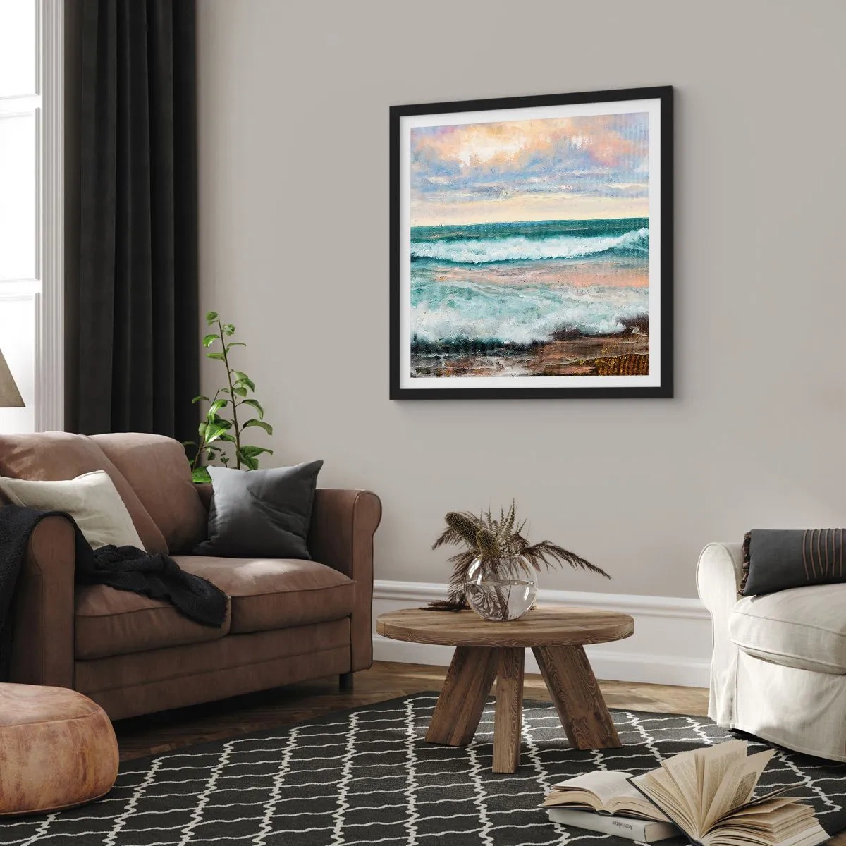 Plakat w czarnej ramie - Tutaj wygładzisz duszę - 50x50 cm