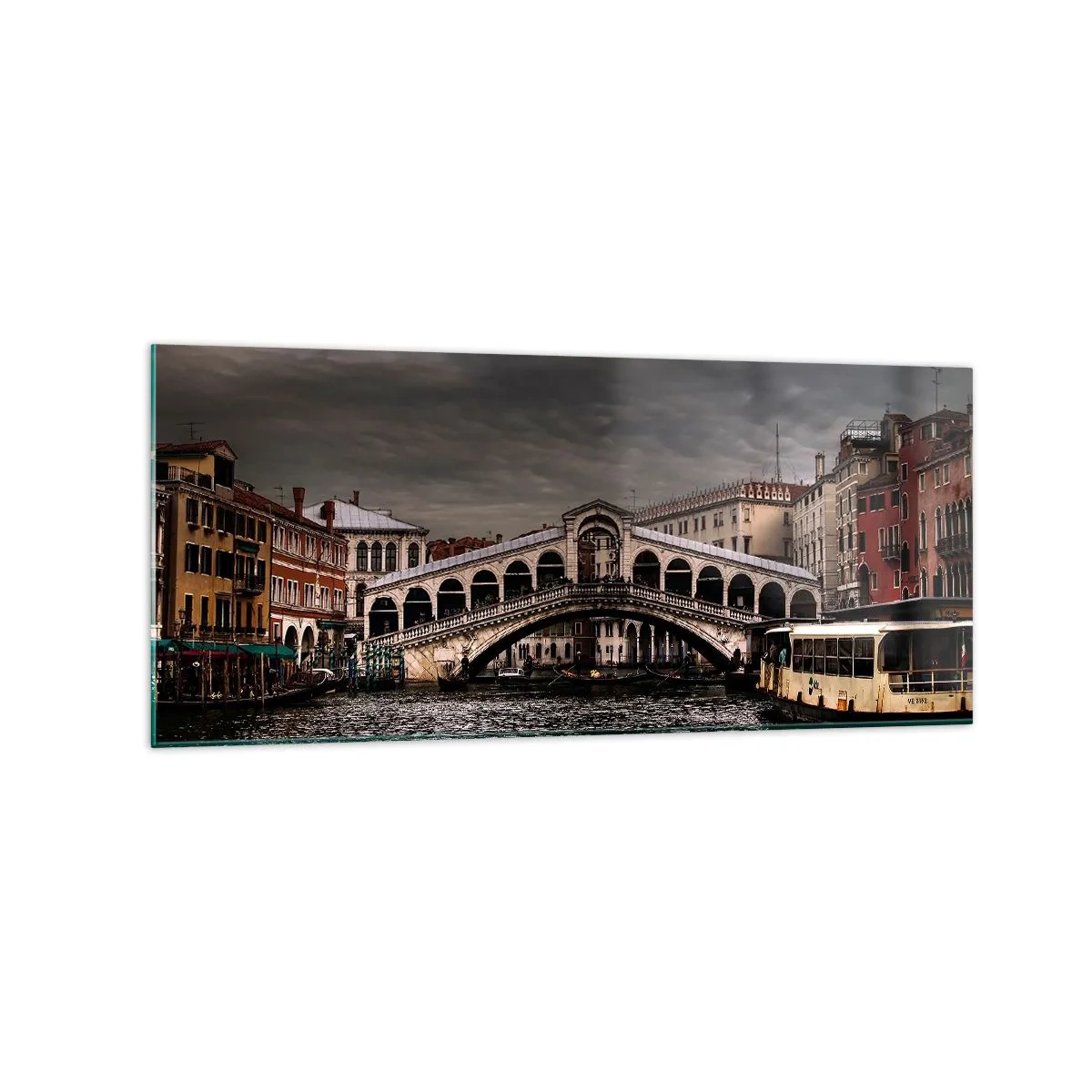 Obraz na szkle - Most Rialto w Wenecji nad Kanałem Grande, klasyczna architektura. - 120x50cm - Obietnica weneckiego wieczoru - Nowoczesna dekoracja ścienna do salonu i sypialni ARTTOR